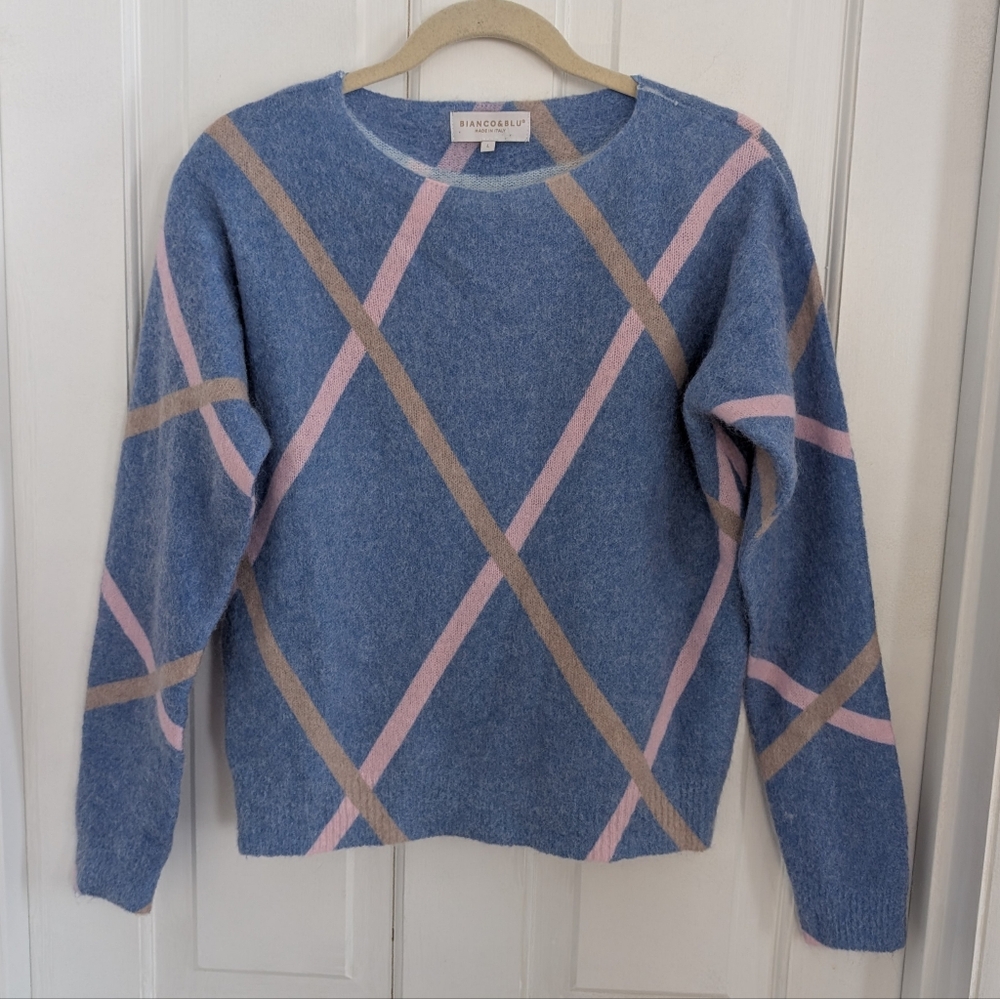 Bianco & Blu Womens Sweater LARGE Preppy Wool Mohair Blend‎ Argyle Italy Blue